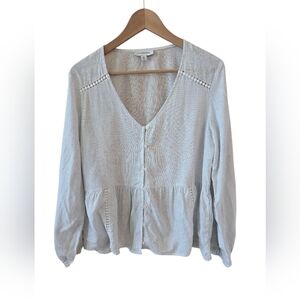 Calligraphie Blouse Sz M Linen Blend Women's Light Gray V-Neck Long Sleeve